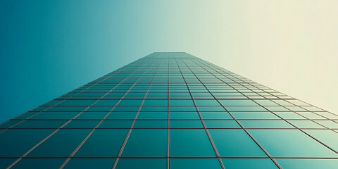Aufkleber - Low-angle view of teal glass skyscraper facade, showcasing modern architecture and urban design, symbolizing growth, ambition, and success