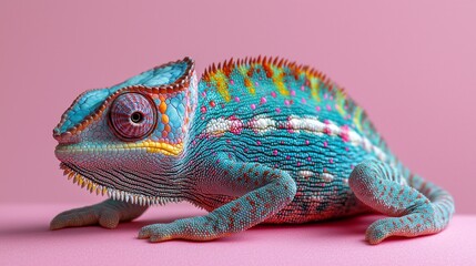 Aufkleber - A striking chameleon with mesmerizing shades of blue, green, and orange moves gracefully on a soft pink surface, exhibiting its unique textures and patterns. Its vibrant colors shine vividly