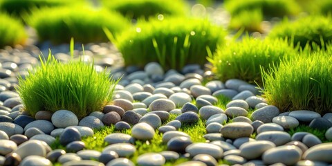 Poster - Serene Garden Design Lush Green Grass Amidst Smooth River Rocks in a Peaceful Landscape