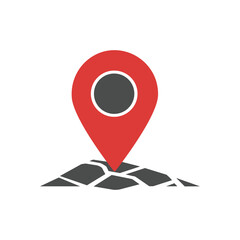 Poster - a red location pin is placed on a textured grey surface, symbolizing navigation and mapping. vector 