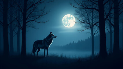  Wolf and Moonlit Forest Border Frame for World Wildlife Day: Nocturnal Wildlife Concept with Copy Space