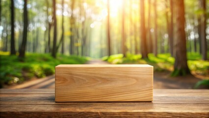 Poster - Wooden Block on Rustic Table with Forest Background