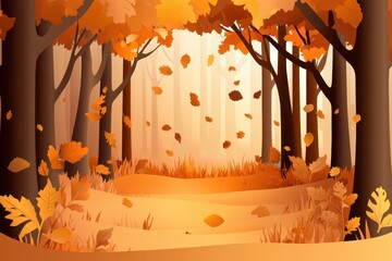 Poster - Beautiful layered paper cut autumn forest with soft light and golden leaves creating a cozy atmosphere in warm tones Generative AI