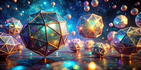 Aufkleber - Illuminated Geometric Spheres Floating in a Sparkling, Cosmic Scene