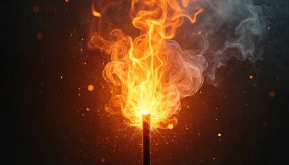 Poster - single fire spark glowing intensely. delicate tendrils of smoke swirling around in dark background. 