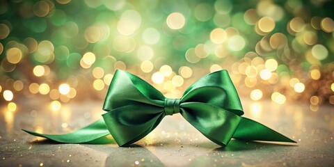 Wall Mural - elegant emerald green satin ribbon bow on gleaming surface with festive lights