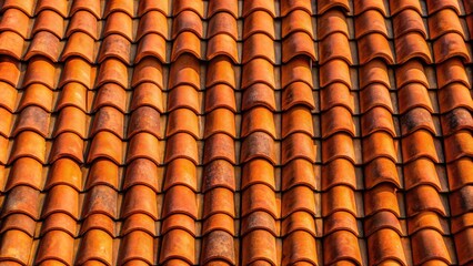 Aufkleber - Rustic orange clay roof tiles arranged in a repeating pattern, showcasing the texture and color of the weathered surface