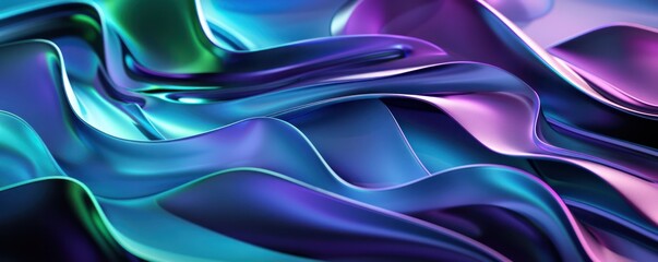 Fototapete - 3D render abstract backgrounds colors iridescent curves lines purple blue green waves pink flowing gloss modern violet dark black minimal glow futuristic panoramic.