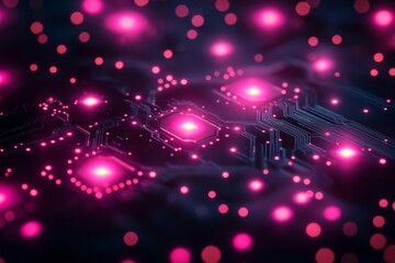 Wall Mural - intricate circuit board design with glowing pink lights
