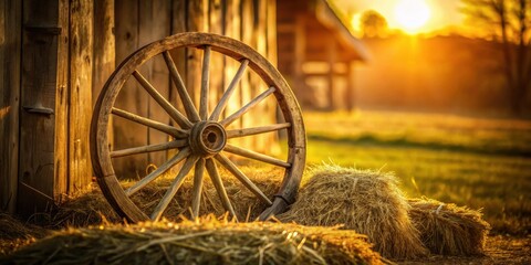 Fototapete - Rustic wooden wagon wheel resting on hay bales at sunset near an old wooden barn
