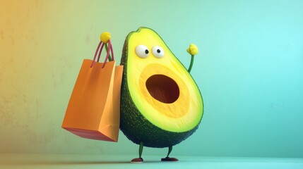 Poster - Humorous cartoon avocado with oversized grocery bag in playful pastel setting brings joy to everyday activities Generative AI