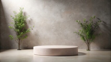 Poster - Elegant neutral studio backdrop with circular platform and greenery