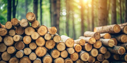 Aufkleber - Sunlit Stacks of Logs in a Forest Clearing