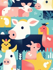 Poster - Geometric illustration featuring cows, pigs, and chickens in a vibrant minimalist design Generative AI