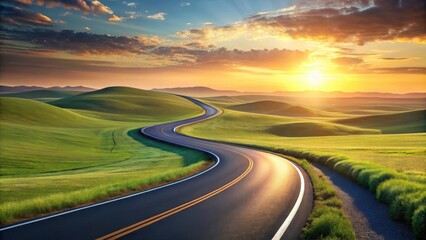 Aufkleber - Asphalt ribbon winding through rolling green hills bathed in the golden light of a vibrant sunset