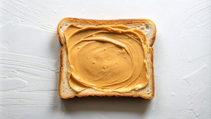 Poster - A single slice of toasted bread with a generous spread of creamy peanut butter, photographed from above on a textured white background