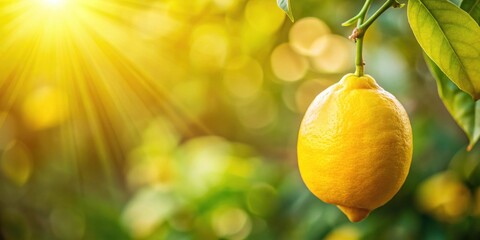 Aufkleber - A Single Ripe Lemon Hanging on a Branch Bathed in Sunlight with a Soft Bokeh Background