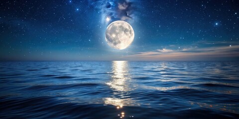 Aufkleber - Serene Night Ocean Scene with Full Moon and Starry Sky