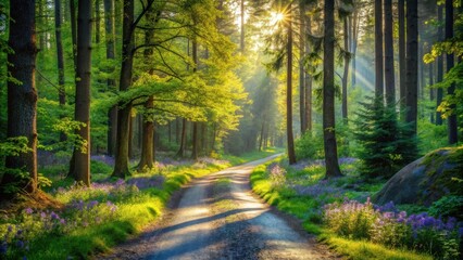 Poster - Sunlit Path Through a Spring Forest with Blooming Wildflowers