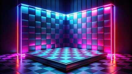 Poster - Abstract Neon Checkerboard Display Platform with Glowing Walls