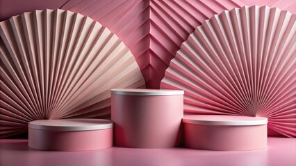 Poster - Pink Cylindrical Display Platforms with Folded Paper Fans