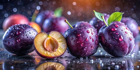 Poster - Juicy Plums glistening with water droplets, a vibrant close-up showcasing their ripe, dark purple color and sweet interior