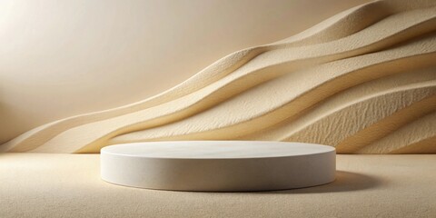 Poster - Cream-colored cylindrical pedestal on a sandy textured surface with sculpted sand dune background