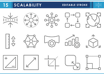 a set of line icons related to scalability. scale, stretch, expand, positive, negative, and so on. v