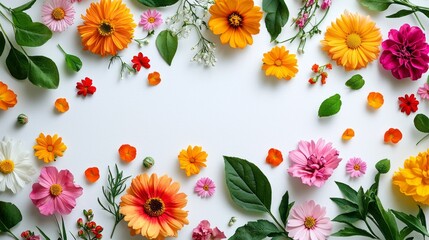 Aufkleber - An array of colorful, fresh flowers is artistically spread across a white surface, creating a joyful and lively atmosphere. Different petals and leaves blend in harmony