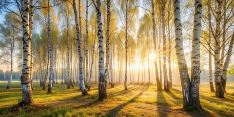 Poster - Golden sunrise illuminating a birch tree grove, casting long shadows on the grassy ground
