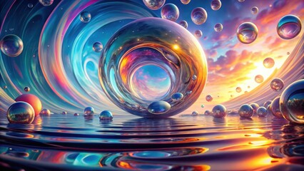 Poster - Surreal dreamscape with iridescent spheres reflecting a vibrant sunset over a calm, reflective water body