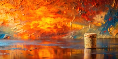 Aufkleber - A cylindrical cork stopper sits on a reflective surface before an abstract, vibrant, multicolored painting