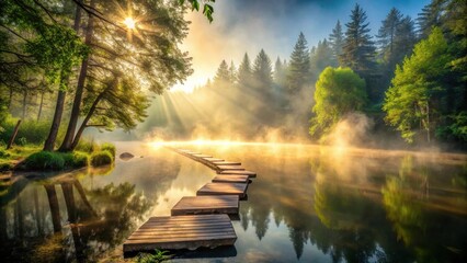 Poster - Serene Sunrise Over Misty Lake with Wooden Stepping Stones Path