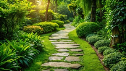 Poster - Serene Stone Path Winding Through Lush Greenery in a Tranquil Garden