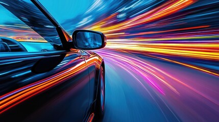 Poster - A futuristic night drive scene with a car zooming past, leaving behind colorful streaks of motion.