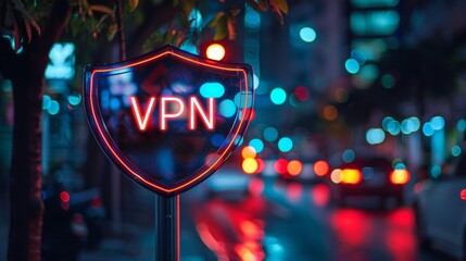 Poster - Neon shield sign displaying vpn in a vibrant city setting, emphasizing online security and digital privacy