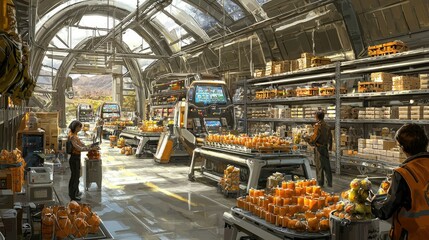 Poster - A futuristic warehouse setting with an automated conveyor system, packed shelves, and a digital logistics interface.