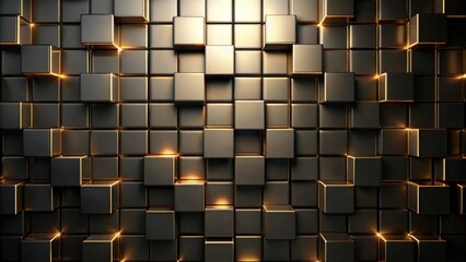 Poster - Abstract Dark Metallic Cube Wall with Glowing Edges