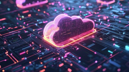 Poster - A glowing cloud icon with digital data streams transferring between futuristic devices.