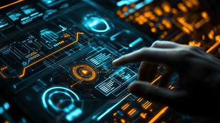 Aufkleber - A glowing digital interface displaying penetration testing analytics, with a hand interacting with security layers.