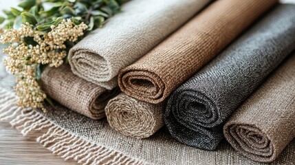 Poster - Rolls of various natural textiles are beautifully arranged on a woven surface, accompanied by sprigs of delicate flowers. The scene evokes a sense of tranquility and craftsmanship