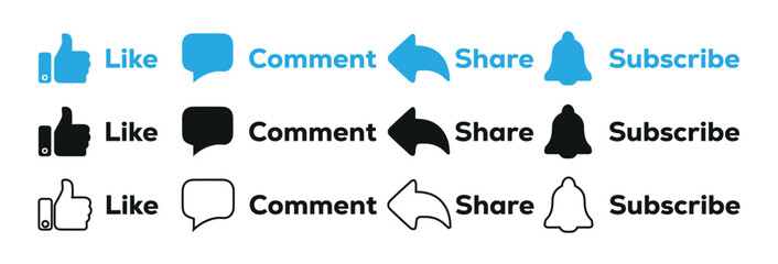Set of social media interface icon set in line style. like, comment, share, message, thumb and save simple black style symbol sign for apps and website, vector illustration.