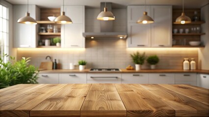 Poster - Empty wooden table in front of a modern kitchen with warm lighting