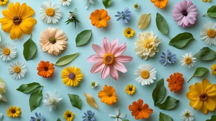 Aufkleber - A delightful array of assorted flowers in various colors and shapes spreads across a soft blue backdrop. Vibrant petals mingle with fresh green leaves, creating a joyful and inviting atmosphere