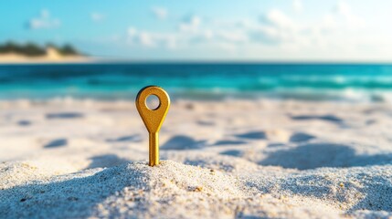 Poster - A golden location pin stands tall on pristine white sand, marking a breathtaking tropical beach with turquoise waters in the background.