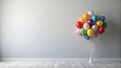 Aufkleber - A cluster of colorful balloons, arranged in a room with a light gray wall and white floor