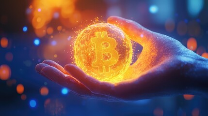 Poster - A hand firmly gripping a glowing Bitcoin coin, surrounded by digital blue sparkles, symbolizing cryptocurrency investment.