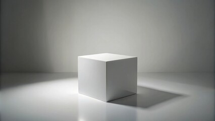 Aufkleber - A single, pristine white cube sits on a stark white surface, bathed in a dramatic spotlight, creating a minimalist, modern aesthetic.