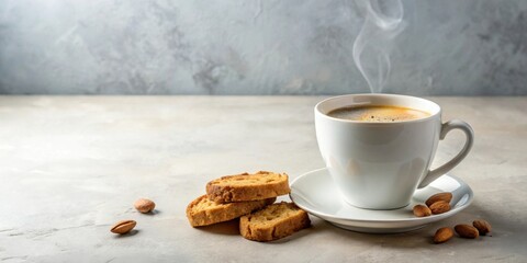 Poster - Aromatic Coffee with Almond Biscotti and Nuts on a Table