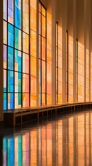 Poster - Stunning architectural interior featuring colorful stained glass windows, reflecting in polished floor, creating a bright effect